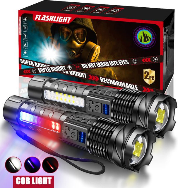 KDULIT Wiederaufladbare LED-Taschenlampe in Schwarz mit Zoomfunktion und LED-Anzeige, wasserdichtes Outdoor-Handlicht mit 7 Modi für Camping und Wildnis - Bild 1