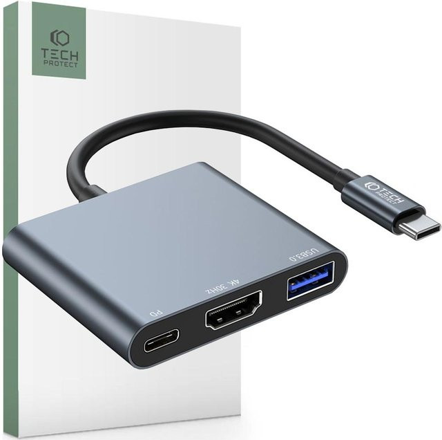 Tech-Protect V1-Hub-Adapter 3-in-1 in Grau mit HDMI, USB-A und USB-C für 4K UHD - Bild 1