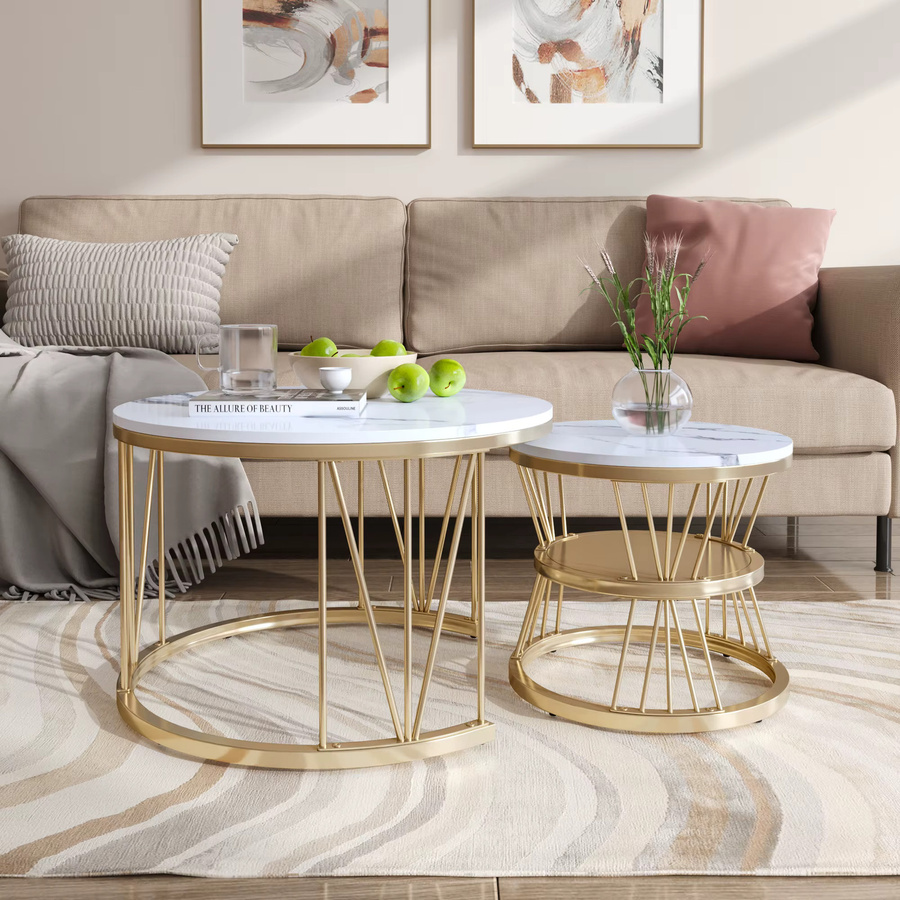 Superaly Couchtisch 2er-Set, runder Beistelltisch mit goldenem Metallrahmen und weißer Oberfläche, modern für Wohnzimmer, Schlafzimmer oder Büro, Gold/Weiß - Bild 3