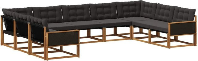 vidaXL Outdoor-Sofagarnitur L-Form aus massivem Akazienholz mit 9 Textilene-Kissen in Schwarz und Natur - Bild 1