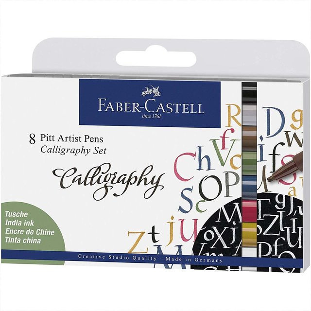 Faber Castell Pitt Artist Pen Calligraphy Tuschestifte mit Brush-Spitze, 8 Stück, Mehrfarbig - Bild 1