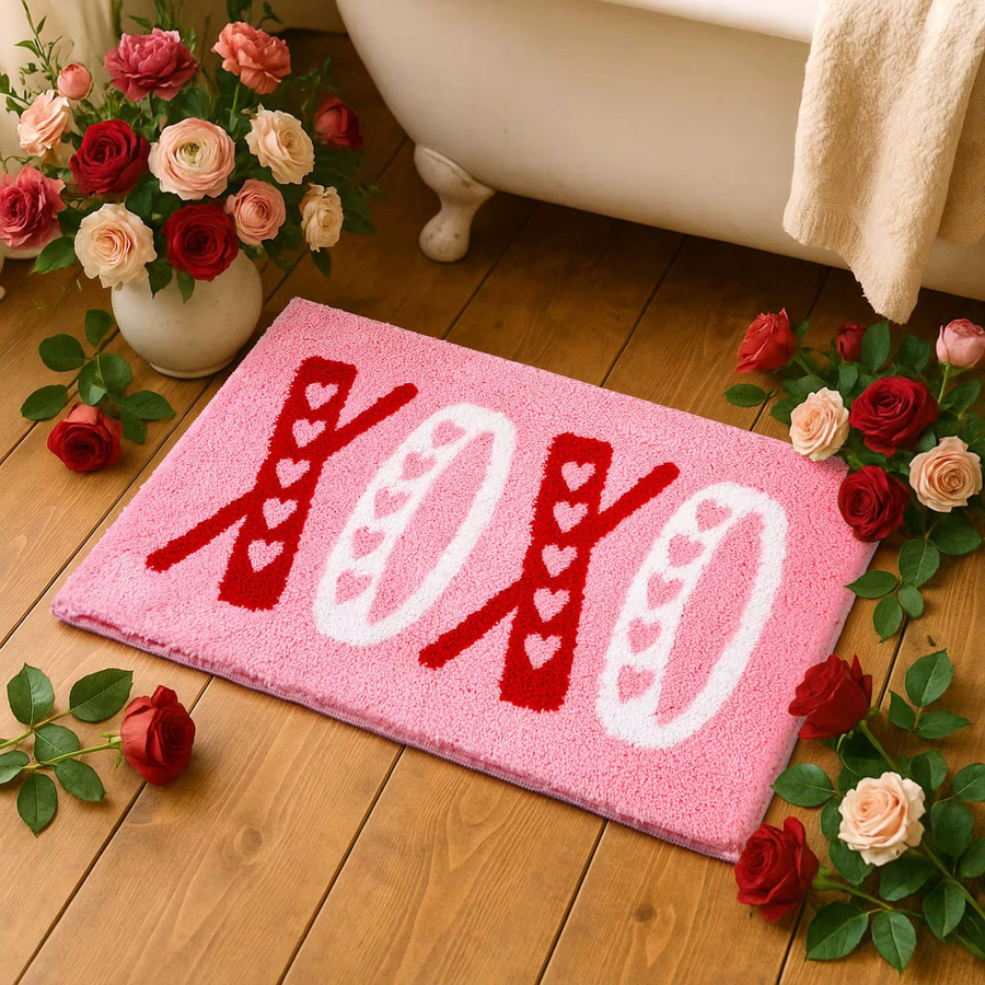 VIKAMA Badezimmerteppich mit Liebesherz und XOXO Motiv, rot, rosa, weiß, rutschfest und saugfähig, B/T: 60 x 40 cm - Bild 2