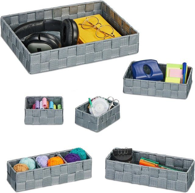 Relaxdays Aufbewahrungskorb 6er Set aus Kunststoff und Eisen in Grau, geflochten, B/T/H: 32 x 24 x 6 cm - Bild 1