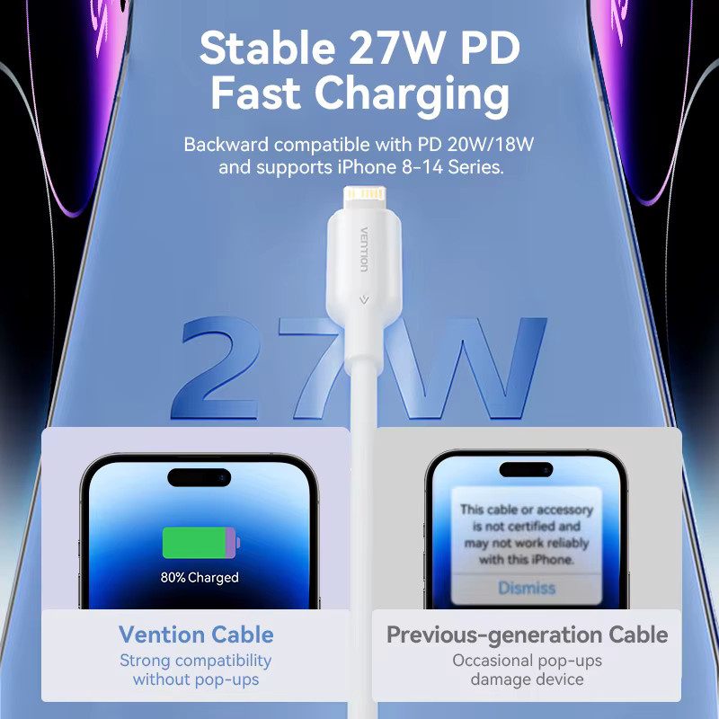 Vention USB-C auf Lightning Schnellladekabel PD 27W für iPhone in Schwarz - Bild 2