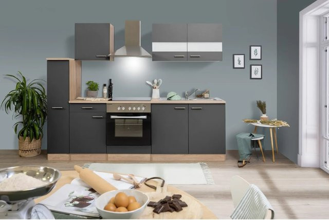 Respekta Küchenzeile KB240ESGC in Grau-Eiche mit Glastüren und Soft-Close-Funktion, Breite: 240 cm, Tiefe: 60 cm, Höhe: 82 cm - Bild 1