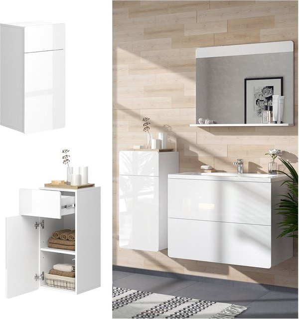 Vicco Midischrank Izan Badezimmerschrank Weiß Hochglanz mit Schublade und Tür B/T/H: 37 x 37 x 77 cm - Bild 1