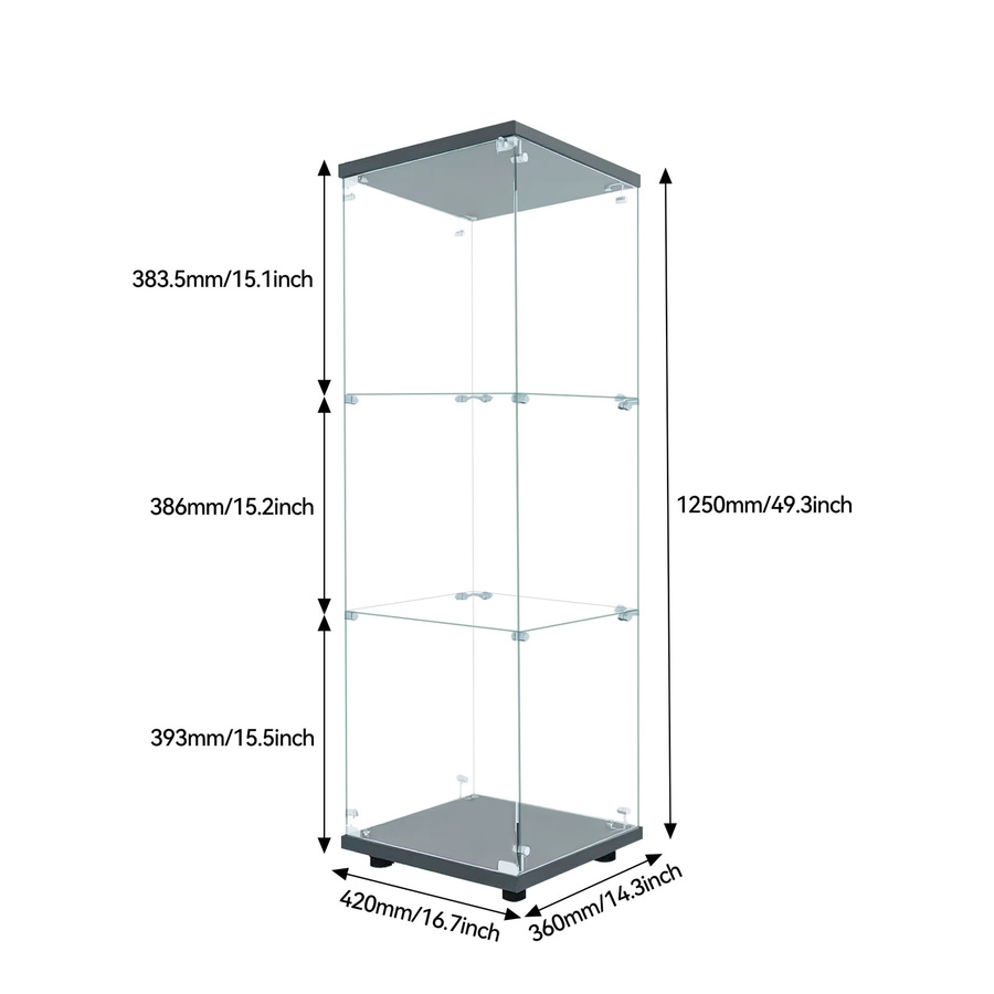 Comanlai Glas-Vitrine in Schwarz mit LED-Beleuchtung, Schloss und 3 Regalen, B/T/H: 42 x 36 x 125 cm - Bild 3