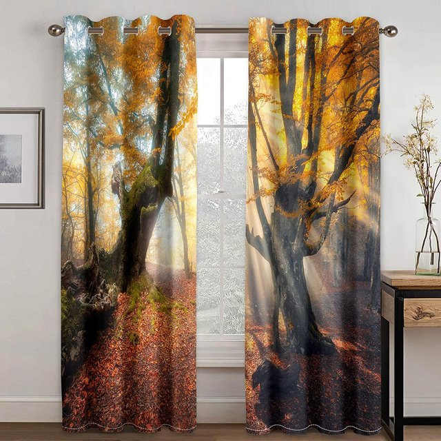 Dekorative 3D Herbstwald Vorhänge mit gelber Waldlandschaft, 2er-Set aus Polyester, Farbe: Gelb/Mehrfarbig, Breite: 50 cm, Höhe: 160 cm - Bild 1