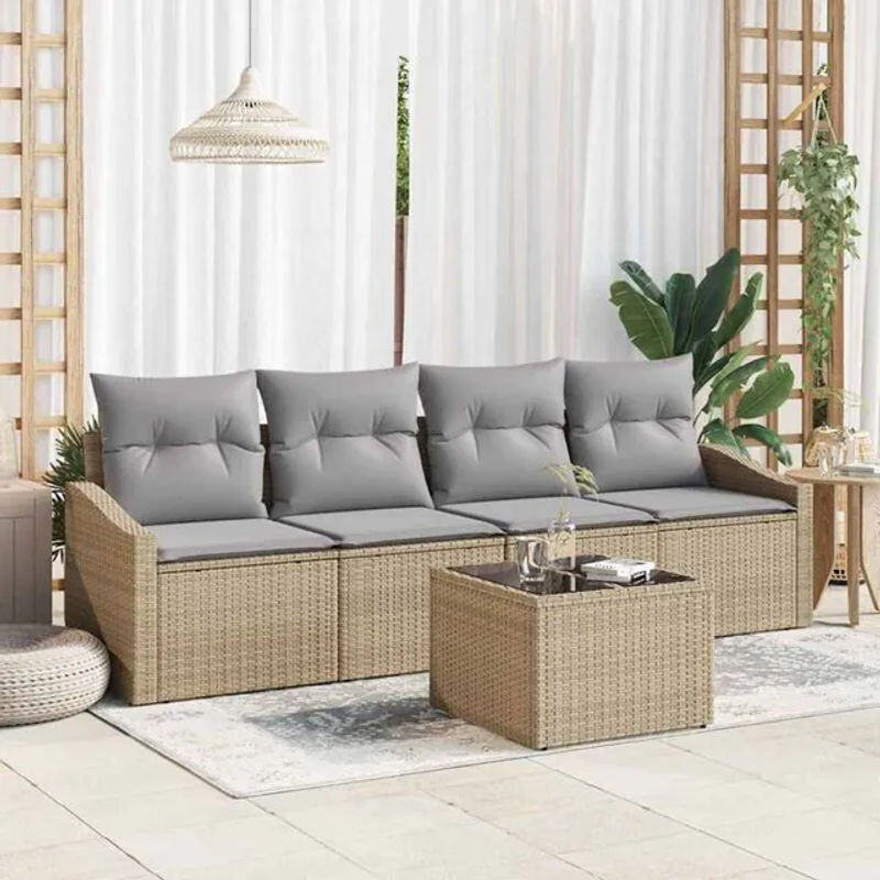 vidaxl Garten-Sofa-Set aus Polyrattan und Stahl, 5-teiliges Loungemöbel in Beige und Grau, B/T/H: 55 x 55 x 37 cm - Bild 1
