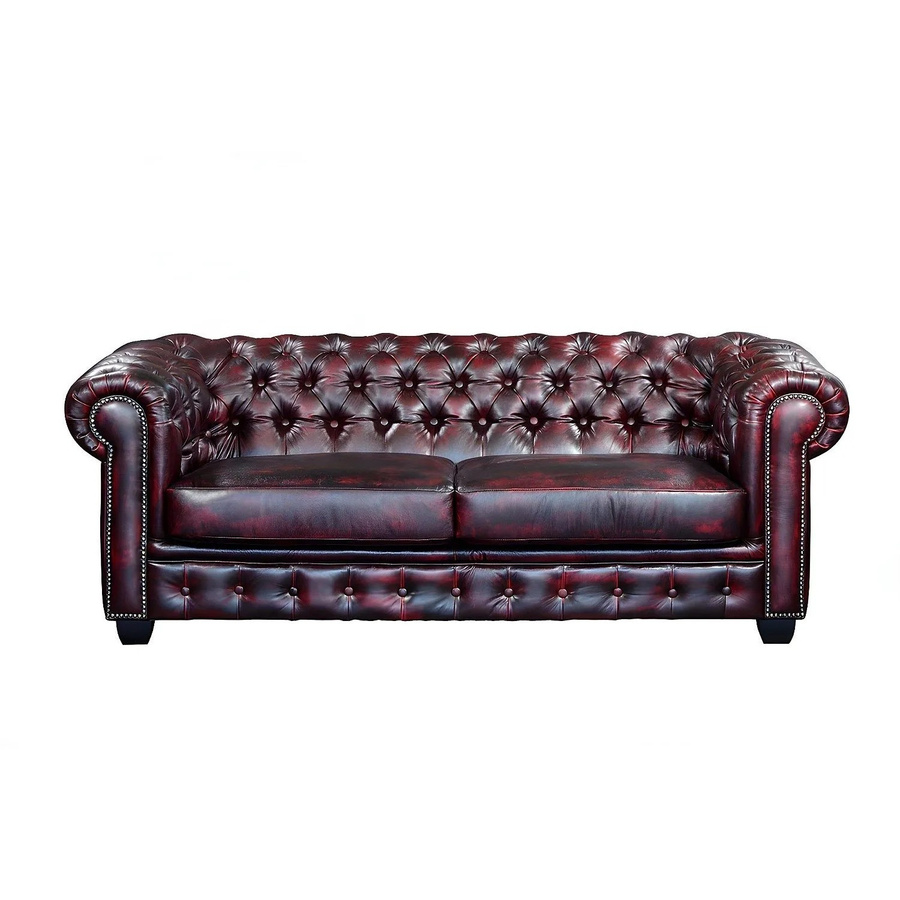 Vente-unique Chesterfield Sofa Brenton in Bordeaux mit Lederbezug und Punksteppung, Breite: 201 cm - Bild 2