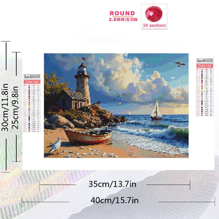 YUTTEE Diamant Mosaik DIY Set Maritime Landschaft mit Schiff und Leuchtturm, Mehrfarbig, B/H: 30,0 x 20,0 cm - Bild 2