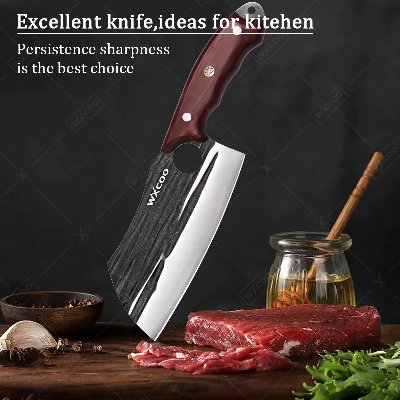 WXCOO Geschmiedetes Fleischbeil aus Edelstahl in Silber mit Holzgriff als Allzweck-Küchenmesser zum Schneiden und Kochen - Bild 3