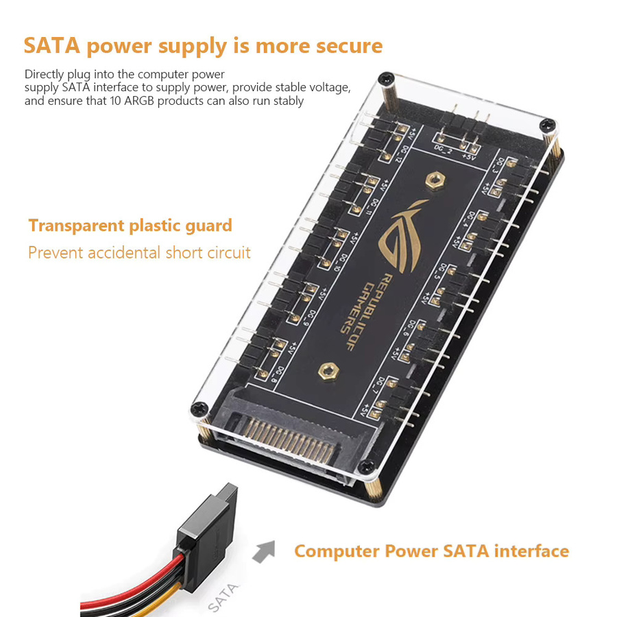 Asus AURA SYNC ARGB RGBW Kabel Splitter Hub mit 3 Pin 5V und SATA Power für LED Streifen und PC Lüfter in Schwarz - Bild 4