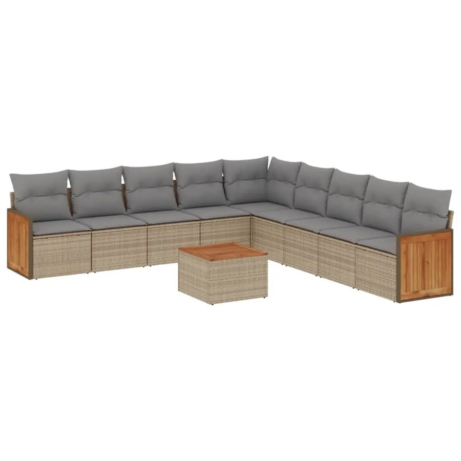 vidaXL 10-teilige Garten-Sofagarnitur aus Poly-Rattan und Akazienholz in Beige-Grau mit Kissen - Bild 2
