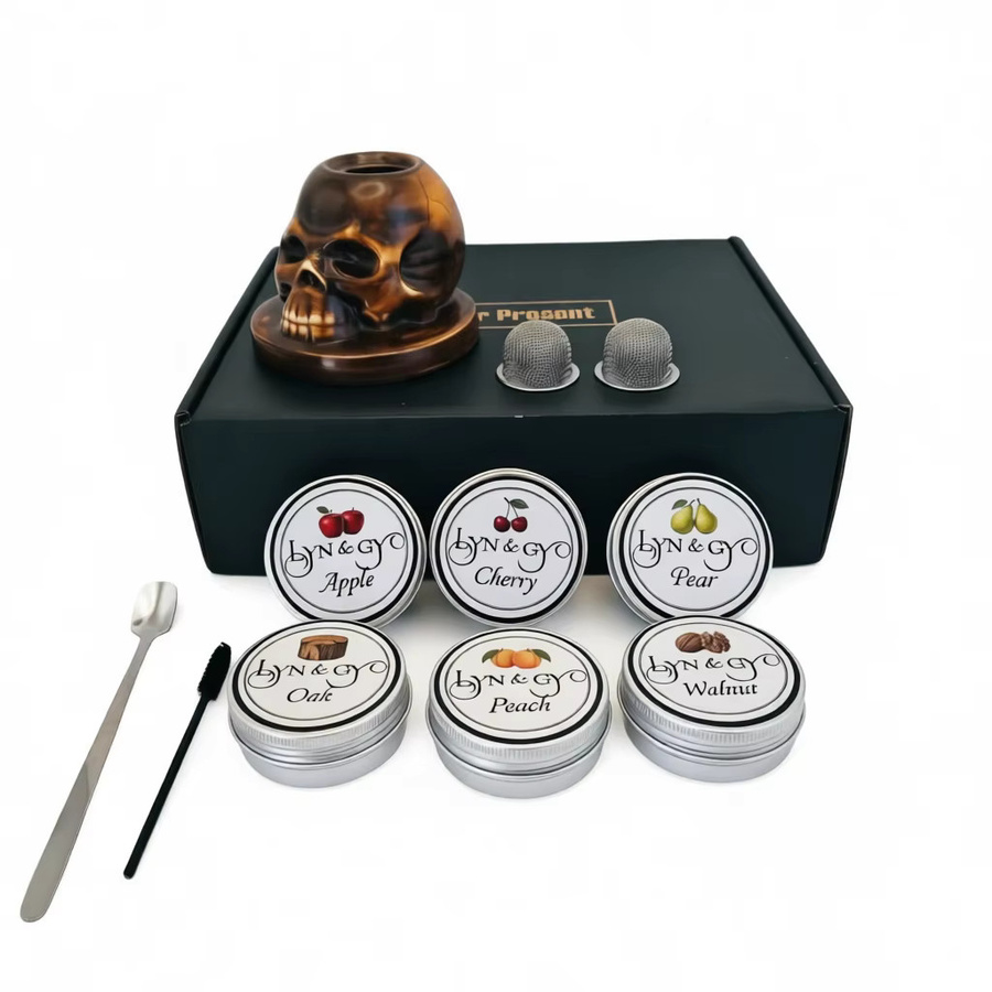 LYN&GY Totenkopf Whiskey-Rauchset aus Keramik in Schwarz mit 6 Holzchip-Aromen - Bild 3