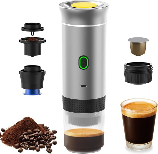 KaiSai 3-in-1 Tragbare Kaffeemaschine mit Akku und Touch-Display für Kapseln und gemahlenen Kaffee, Silber - Bild 1
