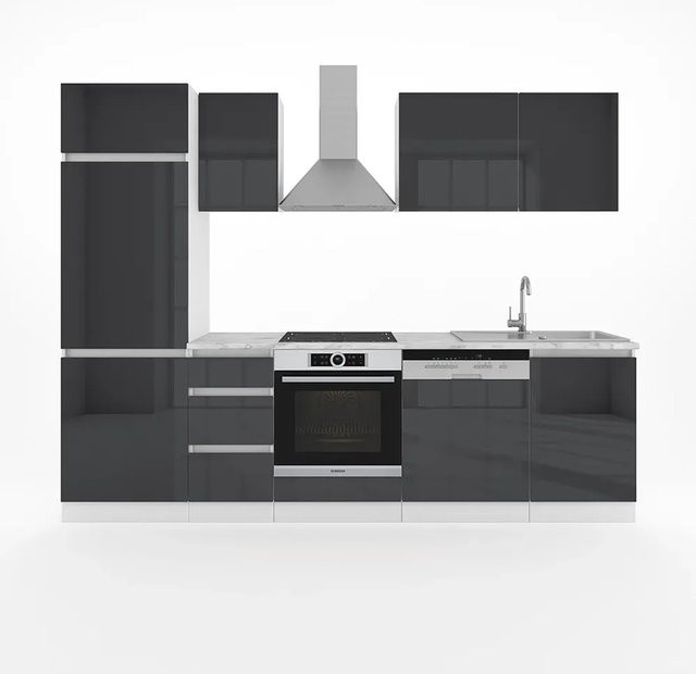 Vicco Optima Küchenzeile Anthrazit Hochglanz mit LED-Leisten und Grifflose Fronten Breite: 270 cm - Bild 1