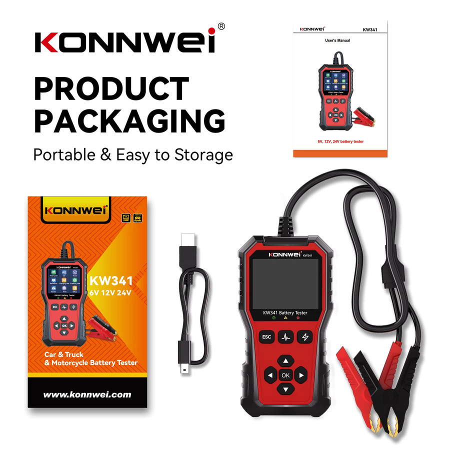 KONNWEI KW341 Batterietester für Auto, Motorrad und LKW mit Fehlerdatendruck und Startspannungstest für 6V, 12V und 24V - Bild 4