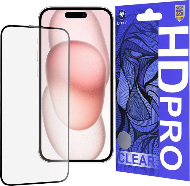 Lito HD Pro Clear Displayschutzfolie aus gehärtetem Glas für Apple iPhone 15 in Schwarz und Transparent - Bild 1
