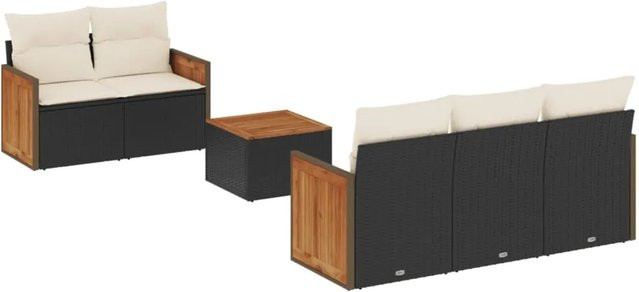vidaXL 6-teilige Garten-Sofagarnitur aus Poly-Rattan und Akazienholz mit Kissen in Schwarz und Cremeweiß - Bild 1