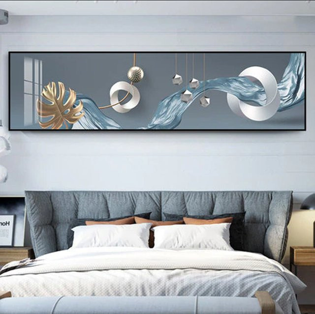 TPFLiving XXL Riesen Luxus Poster Leinwand Abstrakte Linien und Formen in Weiß, Blau, Grau, Silber und Gold, Breite: 120 cm, Höhe: 30 cm - Bild 1