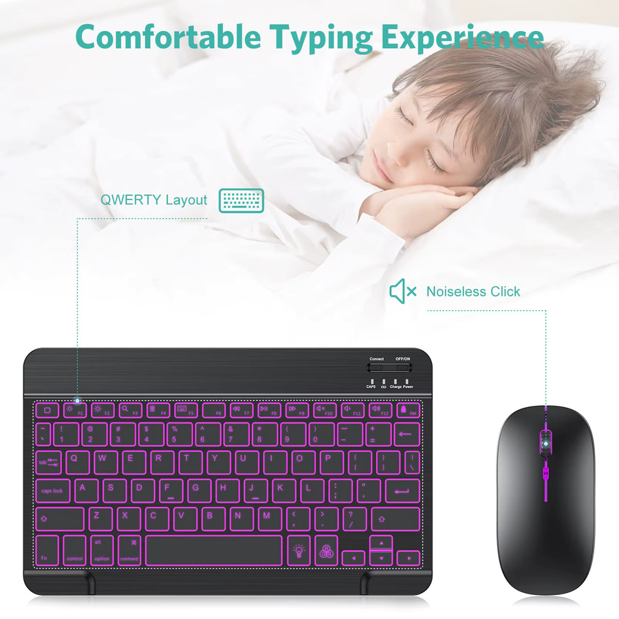 SZEGYCHX Bluetooth-Tastatur und Maus Set mit Hintergrundbeleuchtung für 10 Zoll iPad, iOS, Android und Windows, Schwarz - Bild 5