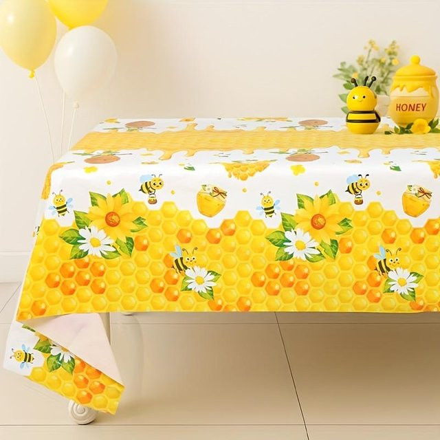 Wasserdichte rechteckige Tischdecke von JINGYUE Pet mit Bienenmotiv in Gelb und Weiß, B/B: 90 x 140 cm - Bild 1