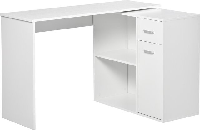 HOMCOM Eckschreibtisch in L-Form mit 180 Grad drehbarer Arbeitsfläche, Regal, Schublade und Schrank, Weiß, B/T/H: 117 x 82 x 74 cm - Bild 1
