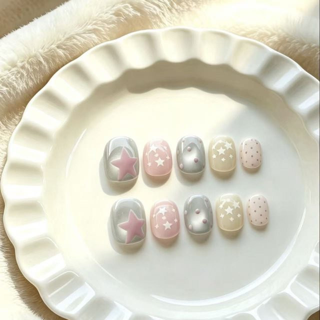 Stylebon Press-On-Nägel, 30 Stück, kurz, rund, Katzenaugen-Effekt, rosa Sterne, weißer Sternendruck, rosa Punkte, glänzend - Bild 1