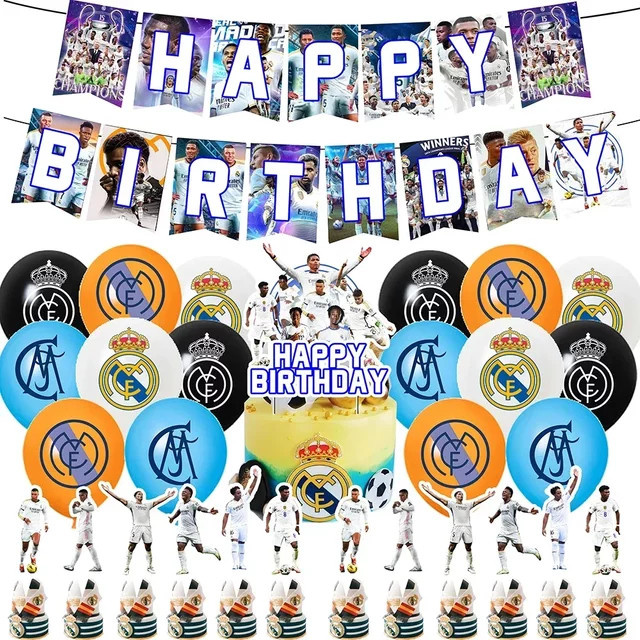 Real Madrid Fußball Geburtstagsparty Dekoration Set mit Ballon Hintergrund und Tortendekoration in Mehrfarbig - Bild 1