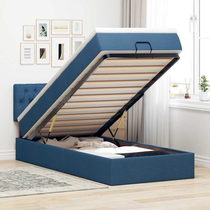 vidaxl Ottoman Polsterbett mit Matratze und LED-Beleuchtung in Blau und Weiß aus Stoff, B/T/H: 90 x 190 x 88 cm - Bild 1