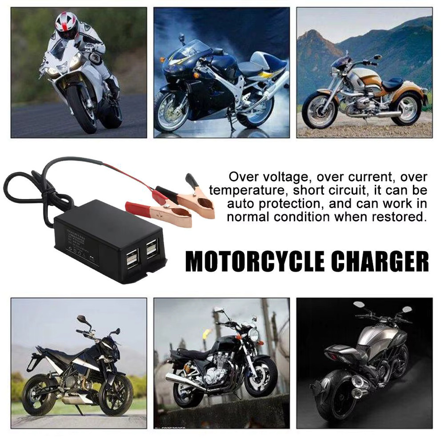 USB Hub Ladestation für Auto und Motorrad mit 4 USB-Ports und Batterieclip, DC Konverter Netzteil für 12V 24V, Schwarz - Bild 2