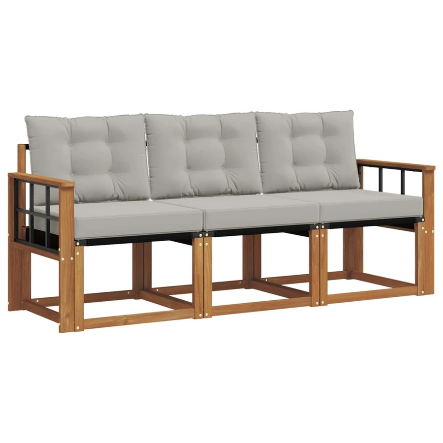 vidaXL Outdoor-Sofagarnitur 3-teilig aus Akazienholz und Textilene in Grau mit Kissen und Armlehnen - Bild 2