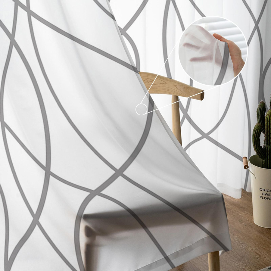 Moderne transparente Vorhänge mit grauem Linienmuster aus Tüll, Voile und Organza für Wohnzimmer und Küche, Breite: 135 cm, Höhe: 160 cm - Bild 2