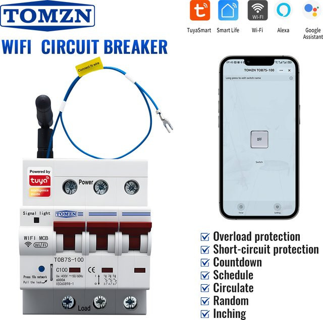 Tomzn TOB7S-100 Smart WIFI Leistungsschalter 3P+N Dreiphasig Vierleiter mit Überlastschutz und Kurzschutze Schutz, Timer-Schalter, Weiß - Bild 1