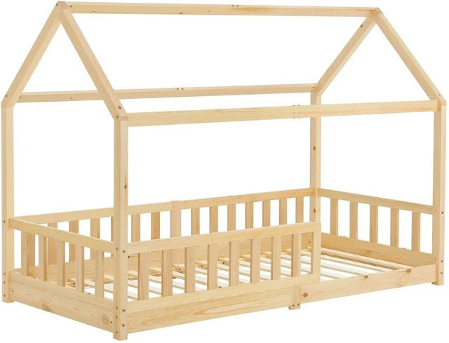 Juskys Kinderbett Marli Hausbett aus Kiefernholz mit Dach und Rausfallschutz, Natur, B/T/H: 90 x 200 x 152 cm - Bild 1