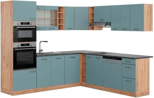 Vicco R-Line Eckküche modern in Blau-Grau und Goldkraft Eiche mit Anthrazit, B/T/H: 237 x 247 cm - Bild 1