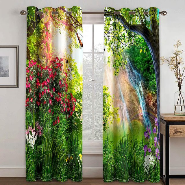 Yiran Furniture Vorhang mit Naturlandschaft Wald Wolke Meer Motiv in Violett, zweiteilig, semi-transparent, Breite: 50 cm, Höhe: 130 cm - Bild 1