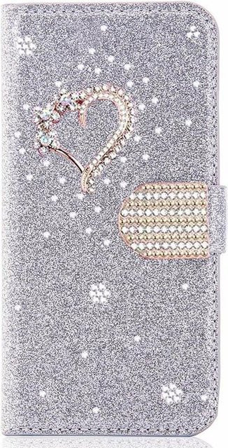 Glitzer Lederhülle für Samsung Galaxy S26 Ultra S25 FE S24 S23 Plus S22 A13 A14 A15 A16 A26 A36 A56 A34 A35 A54 A55 A06 in Silber - Bild 1