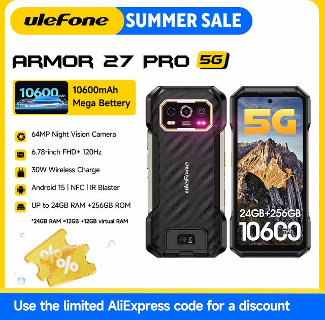 Ulefone Armor 27 Pro 5G Robustes Smartphone in Schwarz mit 256 GB Speicher, 10600 mAh Akku, 50 MP Kamera und Android 15 - Bild 1