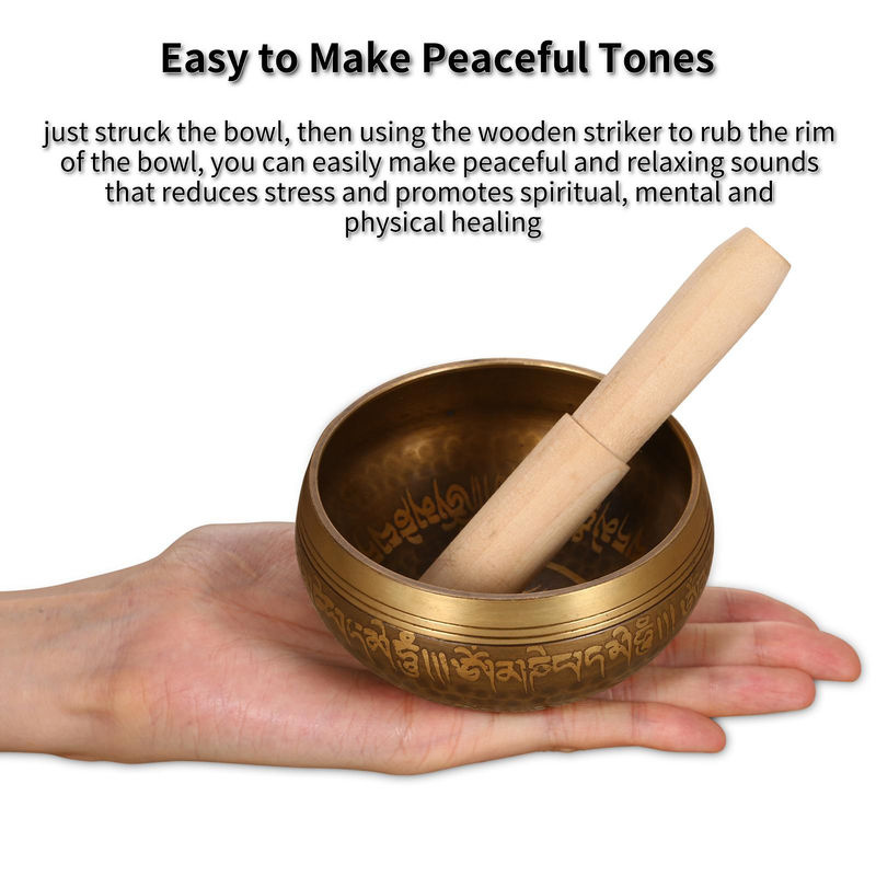 Handgefertigte Tibetische Klangschale von TOMTOP JMS aus Messing und Holz in Gold für Meditation und Musiktherapie - Bild 7