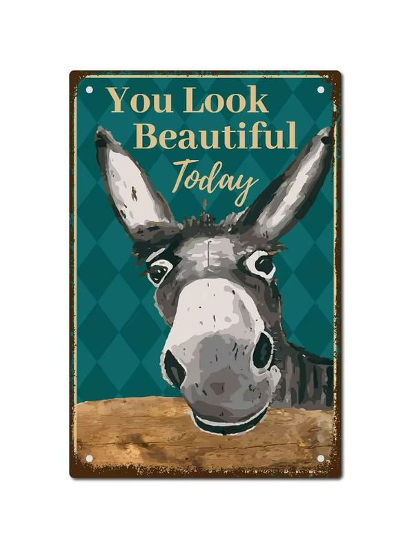 Vintage Blechschild You Look Beautiful Today mit Esel Motiv, mehrfarbiges Metallschild zur Wanddekoration für Garage und Küche - Bild 5