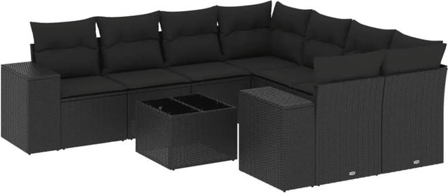 vidaXL 9-tlg Garten-Sofagarnitur in L-Form aus schwarzem Poly-Rattan mit Kissen und pulverbeschichtetem Stahlgestell - Bild 1