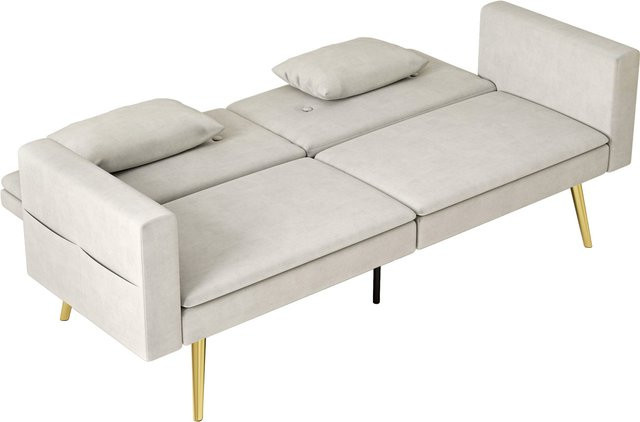 HOMCOM Schlafsofa in Beige mit Samtoptik und Schlaffunktion, gepolstertes 2er-Sofa mit verstellbarer Rückenlehne und Seitentaschen - Bild 1