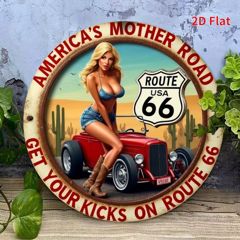 DDPNKL Route 66 Metallschild Retro-Dekoration mit rotem Auto und Pin-Up-Girl in Mehrfarbig, Rund, Durchmesser: 19,7 cm - Bild 2