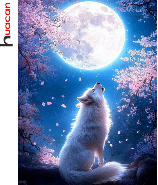 Huacan Diamantmalerei Wolf am Mond mit Blumenmotiv als Diamant-Mosaik Set in Multicolor, Breite: 30,0 cm, Höhe: 20,0 cm - Bild 1
