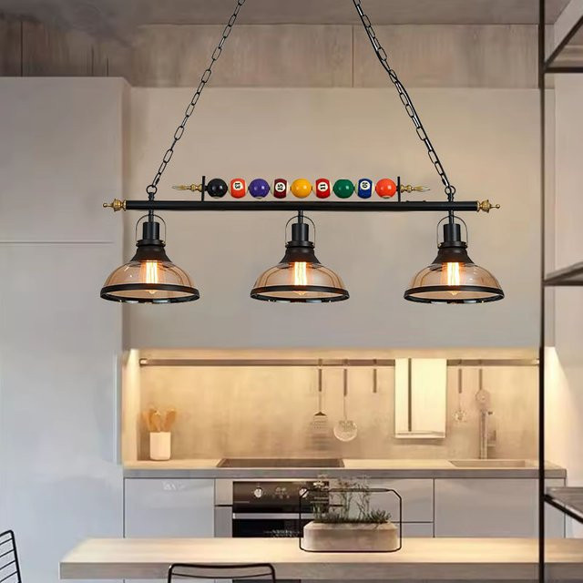 LINCCW Retro-Billard-Pendelleuchte LED mit 3 transparenten Glasschirmen in Schwarz, verstellbarer industrieller Kronleuchter für Esstisch und Bar - Bild 1