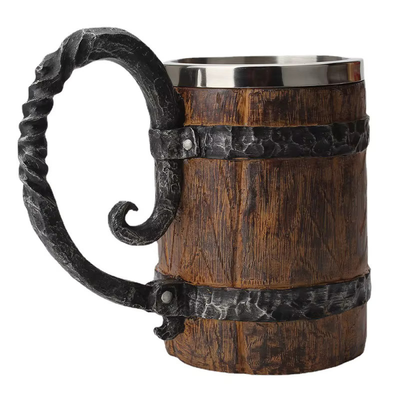 BARMAID BARWARE Viking Bierkrug im Holzstil, Doppelwandiger Metalltrinkbecher aus Edelstahl, Braun, 600 ml - Bild 6