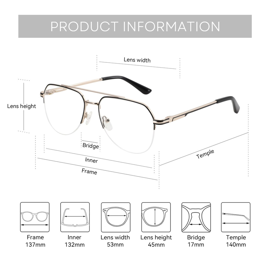 ZENOTTIC Korrektionsbrille Aviator, Metall, Halbrand, Herren - Bild 2