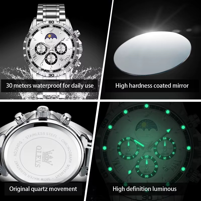 OLEVS Armbanduhr, Chronograph, Quarz, Edelstahl, Schwarz, Herren - Bild 4